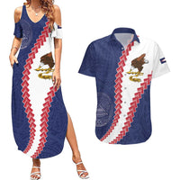 American Samoa Eagle Couples Matching Summer Maxi Dress and Hawaiian Shirt Polynesian Tribal Pattern Curve Style LT05 Blue - Polynesian Pride