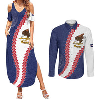 American Samoa Eagle Couples Matching Summer Maxi Dress and Long Sleeve Button Shirt Polynesian Tribal Pattern Curve Style LT05 Blue - Polynesian Pride