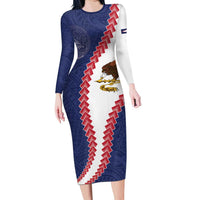 American Samoa Eagle Family Matching Long Sleeve Bodycon Dress and Hawaiian Shirt Polynesian Tribal Pattern Curve Style LT05 Mom's Dress Blue - Polynesian Pride