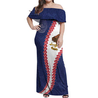 American Samoa Eagle Off Shoulder Maxi Dress Polynesian Tribal Pattern Curve Style LT05 Women Blue - Polynesian Pride