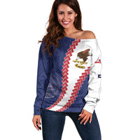 American Samoa Eagle Off Shoulder Sweater Polynesian Tribal Pattern Curve Style LT05 Women Blue - Polynesian Pride