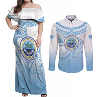 Micronesia Constitution Day Couples Matching Off Shoulder Maxi Dress and Long Sleeve Button Shirt Polynesian Tribal Tattoo Simple Style LT05 Blue - Polynesian Pride