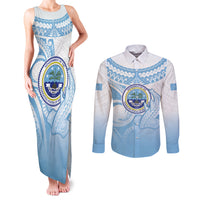 Micronesia Constitution Day Couples Matching Tank Maxi Dress and Long Sleeve Button Shirt Polynesian Tribal Tattoo Simple Style LT05 Blue - Polynesian Pride