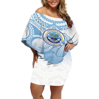 Micronesia Constitution Day Off Shoulder Short Dress Polynesian Tribal Tattoo Simple Style LT05 Women Blue - Polynesian Pride