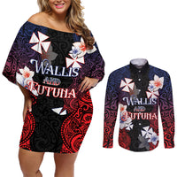 Wallis and Futuna Uvea Couples Matching Off Shoulder Short Dress and Long Sleeve Button Shirt Victory Day With Frangipani LT05 Black - Polynesian Pride