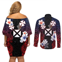 Wallis and Futuna Uvea Couples Matching Off Shoulder Short Dress and Long Sleeve Button Shirt Victory Day With Frangipani LT05 - Polynesian Pride