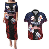Wallis and Futuna Uvea Couples Matching Puletasi and Hawaiian Shirt Victory Day With Frangipani LT05 Black - Polynesian Pride