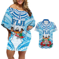 Personalised Fiji Ratu Sir Lala Sukuna Day Couples Matching Off Shoulder Short Dress and Hawaiian Shirt Hibiscus Tapa Pattern LT05 Blue - Polynesian Pride