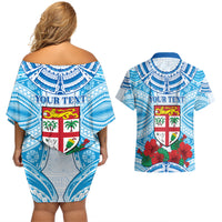 Personalised Fiji Ratu Sir Lala Sukuna Day Couples Matching Off Shoulder Short Dress and Hawaiian Shirt Hibiscus Tapa Pattern