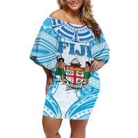 Personalised Fiji Ratu Sir Lala Sukuna Day Off Shoulder Short Dress Hibiscus Tapa Pattern LT05 Women Blue - Polynesian Pride