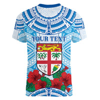 Personalised Fiji Ratu Sir Lala Sukuna Day Women V-Neck T-Shirt Hibiscus Tapa Pattern