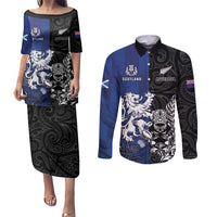 New Zealand And Scotland Rugby Custom Couples Matching Puletasi and Long Sleeve Button Shirt Maori Tiki With Thistle Together