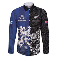 New Zealand And Scotland Rugby Custom Family Matching Long Sleeve Bodycon Dress and Hawaiian Shirt Maori Tiki With Thistle Together