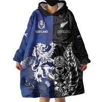 New Zealand And Scotland Rugby Custom Wearable Blanket Hoodie Maori Tiki With Thistle Together
