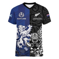 New Zealand And Scotland Rugby Custom Women V-Neck T-Shirt Maori Tiki With Thistle Together