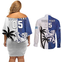 Fiji And Scotland Rugby Custom Couples Matching Off Shoulder Short Dress and Long Sleeve Button Shirt Fijian Palm Tree With Thistle Together