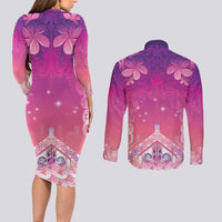 New Zealand Matariki Couples Matching Long Sleeve Bodycon Dress and Long Sleeve Button Shirt Maori Marae Purple Galaxy