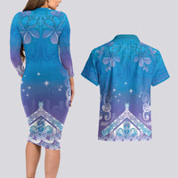 New Zealand Matariki Couples Matching Long Sleeve Bodycon Dress and Hawaiian Shirt Maori Marae Cyan Galaxy