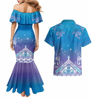 New Zealand Matariki Couples Matching Mermaid Dress and Hawaiian Shirt Maori Marae Cyan Galaxy