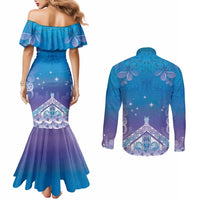 New Zealand Matariki Couples Matching Mermaid Dress and Long Sleeve Button Shirt Maori Marae Cyan Galaxy
