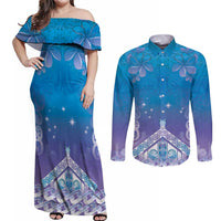New Zealand Matariki Couples Matching Off Shoulder Maxi Dress and Long Sleeve Button Shirt Maori Marae Cyan Galaxy