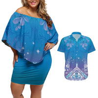 New Zealand Matariki Couples Matching Off Shoulder Short Dress and Hawaiian Shirt Maori Marae Cyan Galaxy