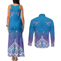 New Zealand Matariki Couples Matching Tank Maxi Dress and Long Sleeve Button Shirt Maori Marae Cyan Galaxy