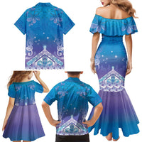 New Zealand Matariki Family Matching Mermaid Dress and Hawaiian Shirt Maori Marae Cyan Galaxy