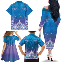 New Zealand Matariki Family Matching Off The Shoulder Long Sleeve Dress and Hawaiian Shirt Maori Marae Cyan Galaxy