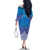 New Zealand Matariki Family Matching Off The Shoulder Long Sleeve Dress and Hawaiian Shirt Maori Marae Cyan Galaxy
