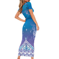 New Zealand Matariki Short Sleeve Bodycon Dress Maori Marae Cyan Galaxy