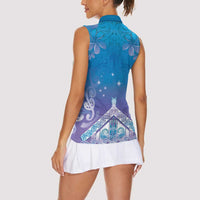 New Zealand Matariki Women Sleeveless Polo Shirt Maori Marae Cyan Galaxy