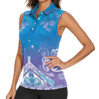 New Zealand Matariki Women Sleeveless Polo Shirt Maori Marae Cyan Galaxy