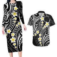 Plumeria With Black Polynesian Tattoo Pattern Couples Matching Long Sleeve Bodycon Dress and Hawaiian Shirt LT05 Black - Polynesian Pride