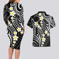 Plumeria With Black Polynesian Tattoo Pattern Couples Matching Long Sleeve Bodycon Dress and Hawaiian Shirt LT05 - Polynesian Pride
