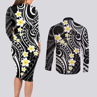 Plumeria With Black Polynesian Tattoo Pattern Couples Matching Long Sleeve Bodycon Dress and Long Sleeve Button Shirt LT05 - Polynesian Pride