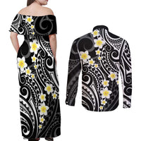 Plumeria With Black Polynesian Tattoo Pattern Couples Matching Off Shoulder Maxi Dress and Long Sleeve Button Shirt LT05 - Polynesian Pride