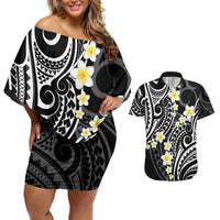 Plumeria With Black Polynesian Tattoo Pattern Couples Matching Off Shoulder Short Dress and Hawaiian Shirt LT05 Black - Polynesian Pride
