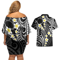 Plumeria With Black Polynesian Tattoo Pattern Couples Matching Off Shoulder Short Dress and Hawaiian Shirt LT05 - Polynesian Pride
