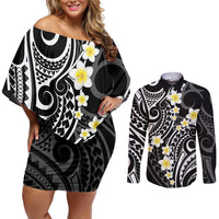 Plumeria With Black Polynesian Tattoo Pattern Couples Matching Off Shoulder Short Dress and Long Sleeve Button Shirt LT05 Black - Polynesian Pride