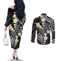 Plumeria With Black Polynesian Tattoo Pattern Couples Matching Off The Shoulder Long Sleeve Dress and Long Sleeve Button Shirt LT05 - Polynesian Pride