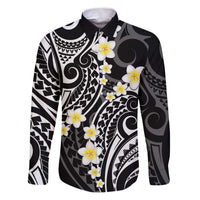 Plumeria With Black Polynesian Tattoo Pattern Family Matching Puletasi and Hawaiian Shirt LT05 Dad's Shirt - Long Sleeve Black - Polynesian Pride