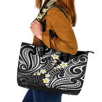 Plumeria With Black Polynesian Tattoo Pattern Leather Tote Bag LT05 Black - Polynesian Pride