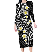 Plumeria With Black Polynesian Tattoo Pattern Long Sleeve Bodycon Dress LT05 Long Dress Black - Polynesian Pride
