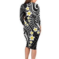Plumeria With Black Polynesian Tattoo Pattern Long Sleeve Bodycon Dress LT05 - Polynesian Pride