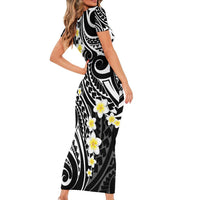 Plumeria With Black Polynesian Tattoo Pattern Short Sleeve Bodycon Dress