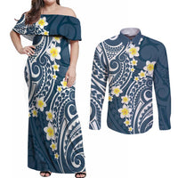 Plumeria With Blue Polynesian Tattoo Pattern Couples Matching Off Shoulder Maxi Dress and Long Sleeve Button Shirt LT05 Blue - Polynesian Pride