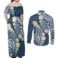 Plumeria With Blue Polynesian Tattoo Pattern Couples Matching Off Shoulder Maxi Dress and Long Sleeve Button Shirt LT05 - Polynesian Pride