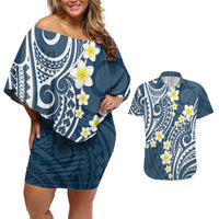 Plumeria With Blue Polynesian Tattoo Pattern Couples Matching Off Shoulder Short Dress and Hawaiian Shirt LT05 Blue - Polynesian Pride