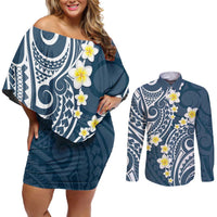 Plumeria With Blue Polynesian Tattoo Pattern Couples Matching Off Shoulder Short Dress and Long Sleeve Button Shirt LT05 Blue - Polynesian Pride